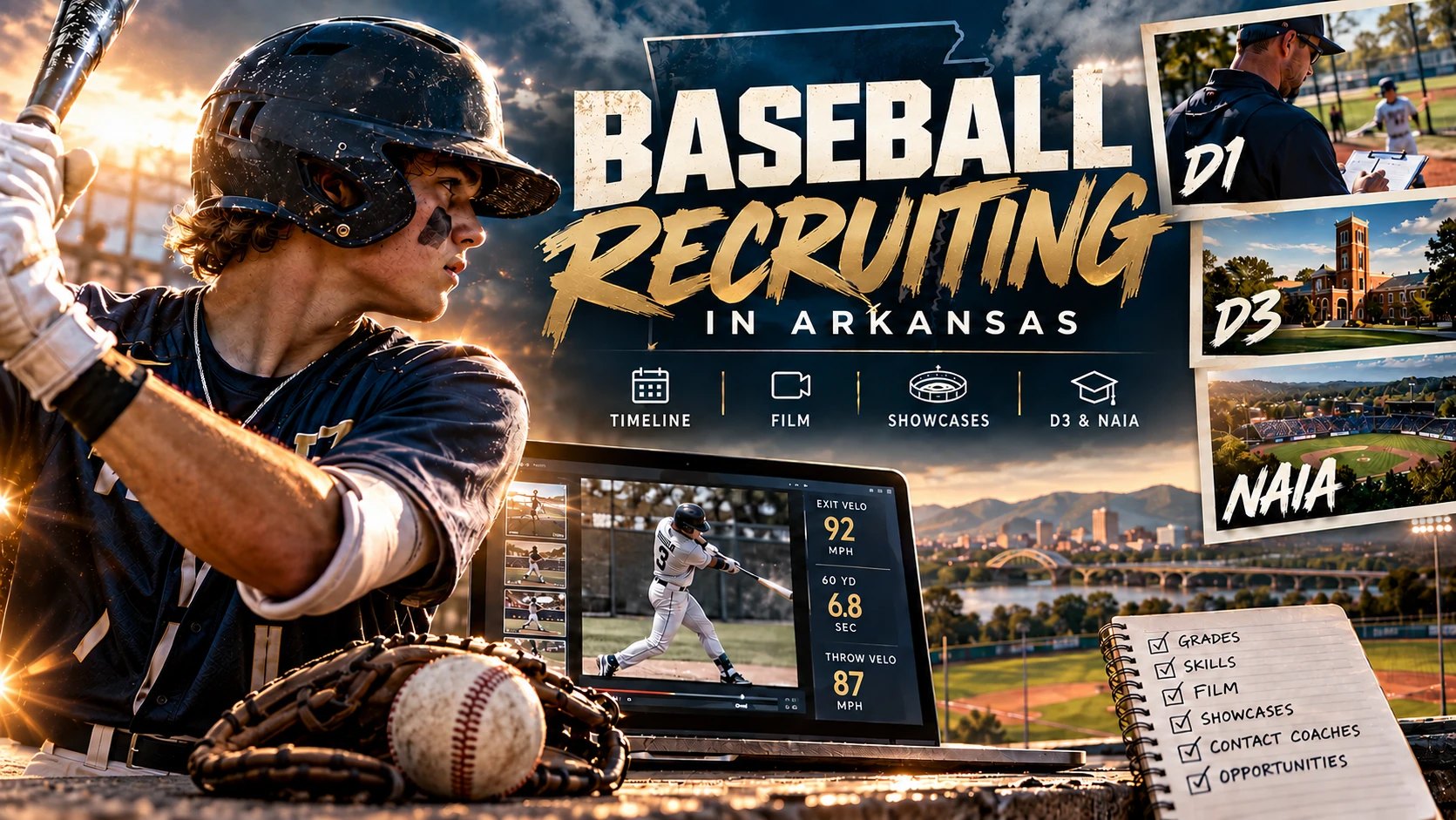 Baseball recruiting in Arkansas: timeline, film, and showcases. Timeline, film, showcases, D1, D3, NAIA. A checklist reading grades, skills, film, showcases, contact coaches, opportunities. A high school baseball hitter in batting stance looks at a laptop showing exit velocity 92 MPH, 60 yard 6.8 sec, throw velo 87 MPH over the Little Rock skyline and a baseball diamond at sunset.