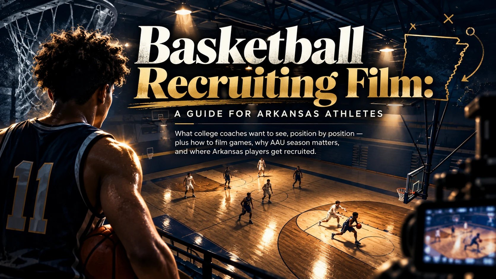 Basketball recruiting film: a guide for Arkansas athletes. What college coaches want to see, position by position, plus how to film games, why AAU season matters, and where Arkansas players get recruited. A high school basketball player in jersey number 11 watches a game from the stands above a lit hardwood court, with a video camera in the corner of the frame and the outline of Arkansas drawn like a play diagram.