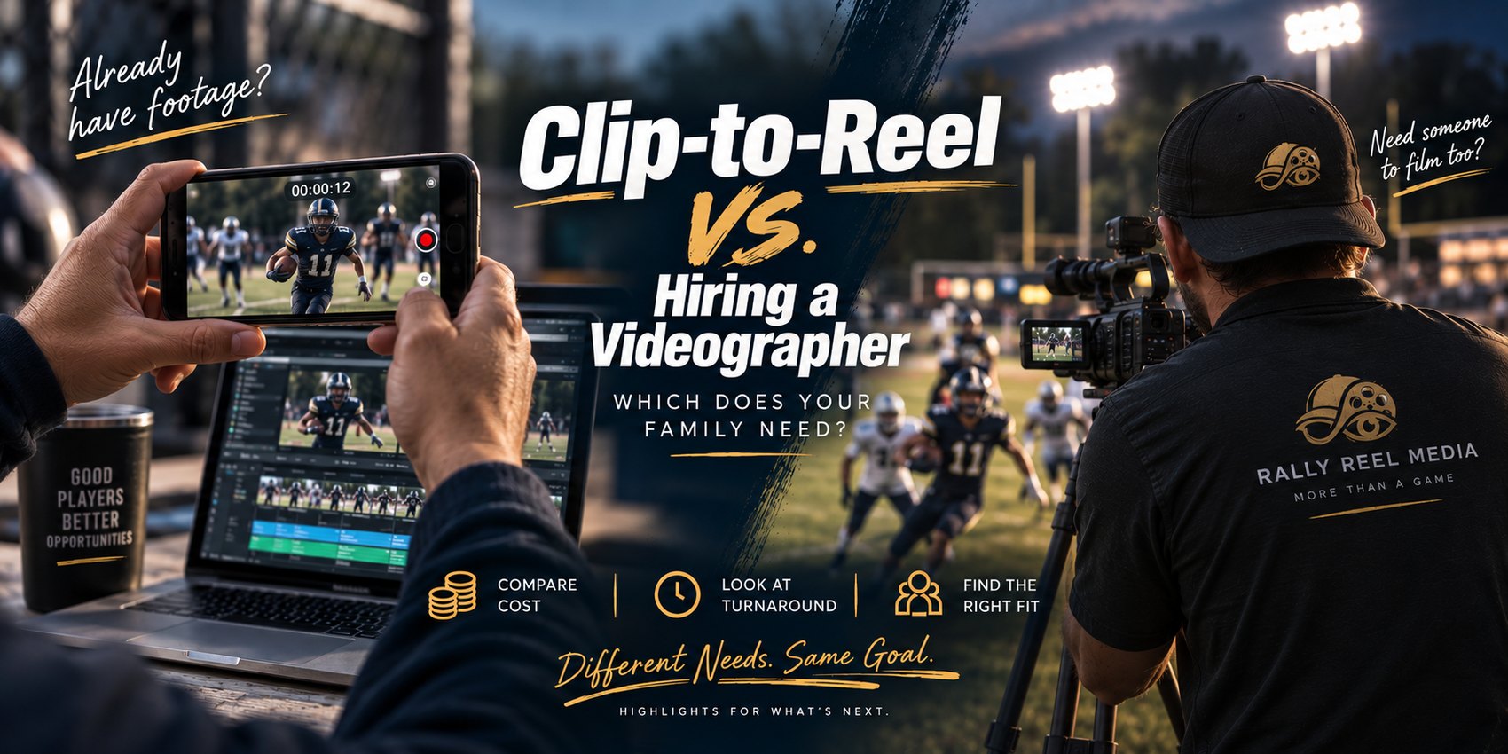 Clip-to-Reel vs. hiring a videographer: which does your family need? Already have footage? Need someone to film too? Compare cost, look at turnaround, find the right fit. Different needs, same goal — highlights for what's next. A parent films a football game on a phone while editing clips on a laptop, beside a Rally Reel Media videographer filming the same football game from the sideline at night.