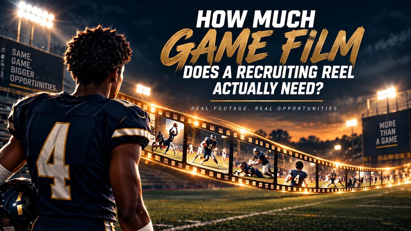 How much game film does a recruiting reel actually need? Same game, bigger opportunities. Real footage, real opportunities. More than a game. A football player in jersey number 4 looks out at a filmstrip of game-action photos curving across a stadium field at night.