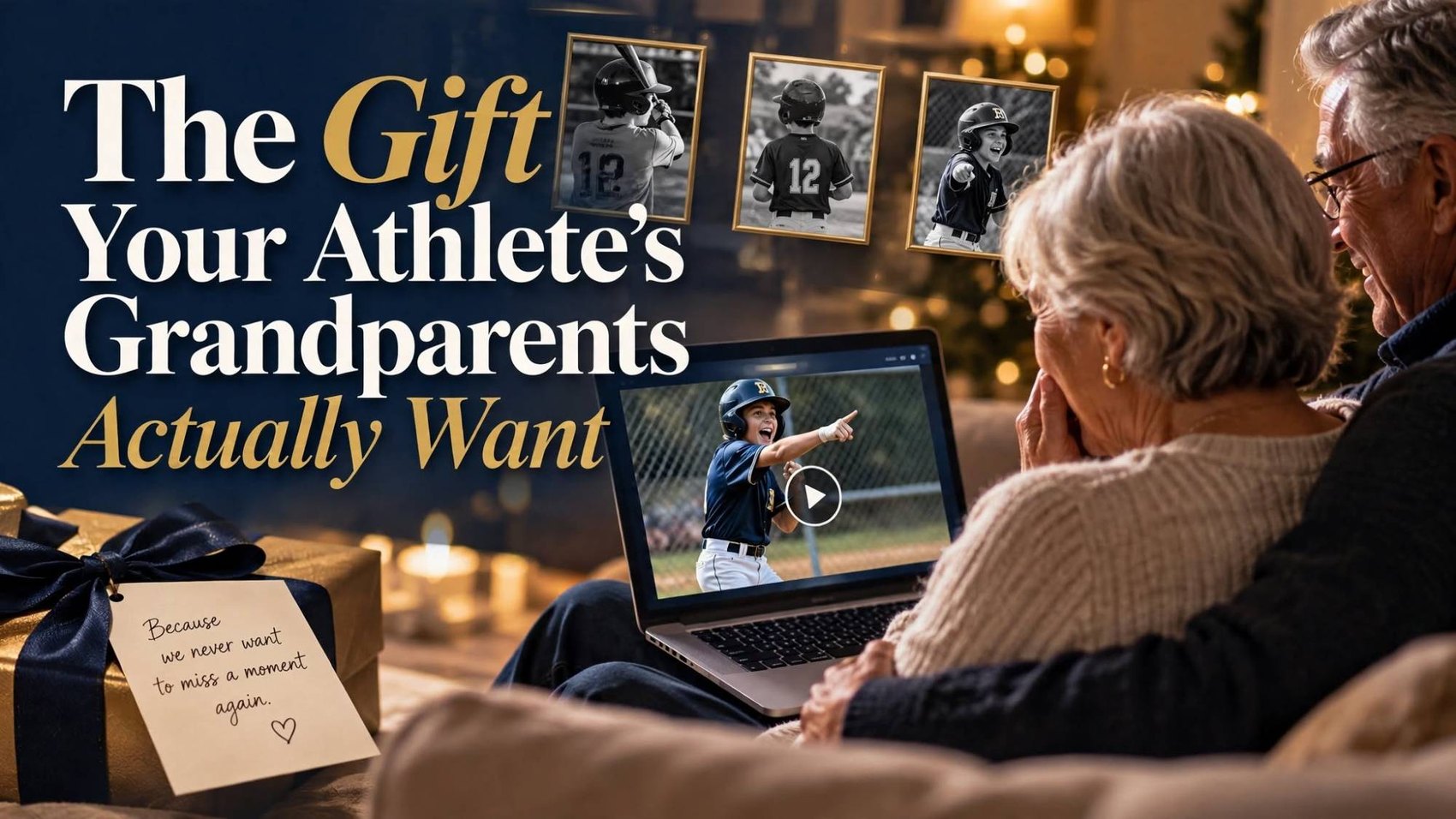 The gift your athlete's grandparents actually want. A grandmother and grandfather share a couch and watch a youth baseball highlight on a laptop, below three framed black-and-white photos of a player in jersey number 12, next to a wrapped gift whose tag reads because we never want to miss a moment again.