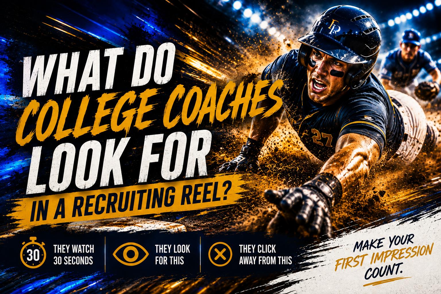 What do college coaches look for in a recruiting reel? A baseball player dives headfirst into a base under stadium lights, above a three-point row reading: they watch 30 seconds, they look for this, they click away from this. Make your first impression count.