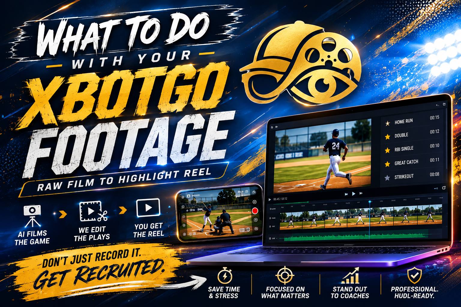 What to do with your XbotGo footage — raw film to highlight reel. A laptop shows a baseball game being cut on an editing timeline beside a tagged clip list, above a three-step strip reading: AI films the game, we edit the plays, you get the reel.