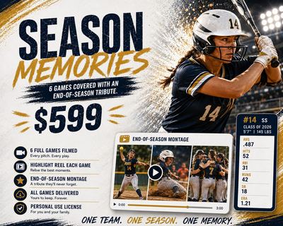 Season Memories — $599 6 Games. 6 games covered with an end-of-season tribute. 6 full games filmed, Highlight reel each game, End-of-season montage, All games delivered, Personal use license.